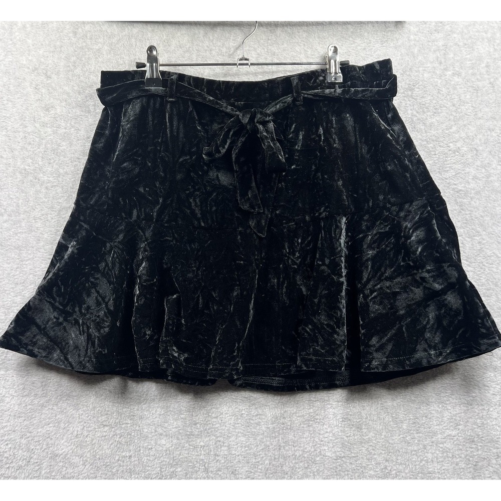 SO Vintage Black Large Crushed Velvet Belted Flounce Skirt Y2K Whimsygoth Witchy